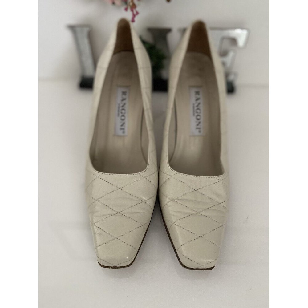 Rangoni Firenze Leather Block Heel Pumps 7B Off White Stitched Slip On Italy EUC - Picture 11 of 12